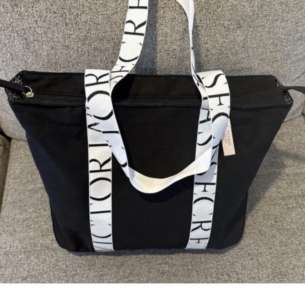 New Victoria’s Secret BLACK Canvas Tote Zipper Top Animal Print Inside Bag 2026 - Picture 3 of 5